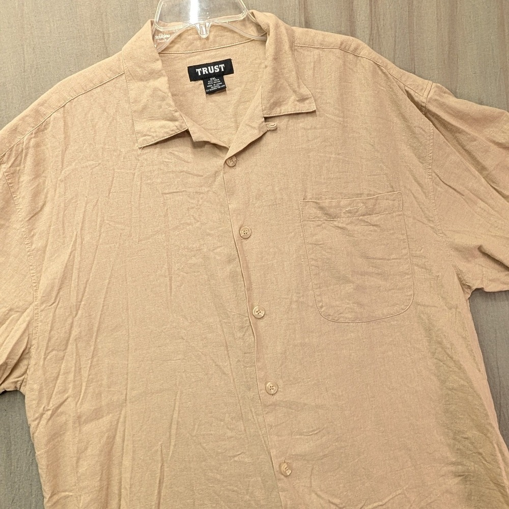 Trust Mens XXL Tan Linen Blend Short Sleeve Button Up Camp Shirt Khaki Pocket